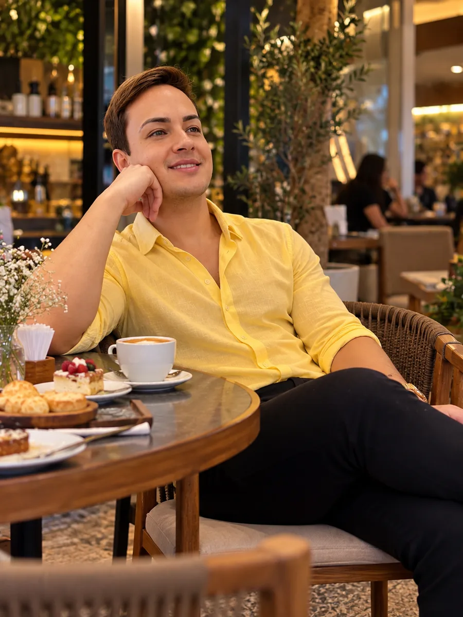Filipe Oliveira em um café, com café e sobremesa na mesa