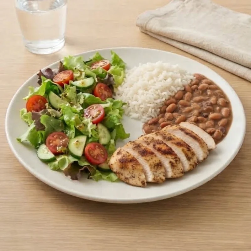 Prato equilibrado com salada, arroz, feijão e frango grelhado