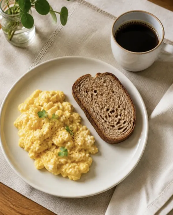 Café da manhã: 2 ovos mexidos + 1 fatia de pão integral + café sem açúcar