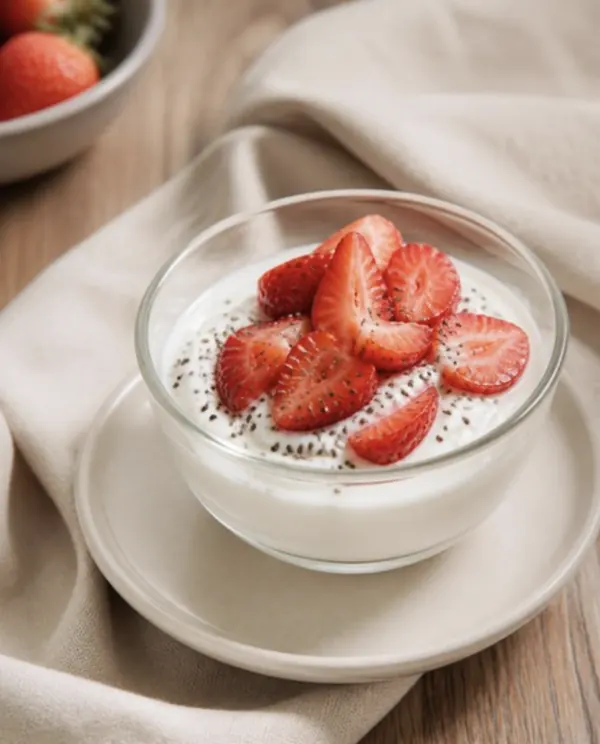 Lanche da tarde: Iogurte grego natural + chia + morangos