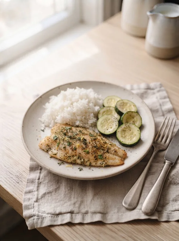 Almoço: Tilápia assada, arroz branco e abobrinha no vapor