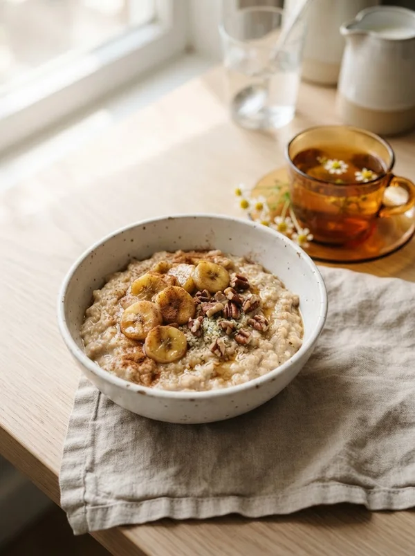 Café da manhã: Mingau de aveia com banana cozida e canela + chá de camomila