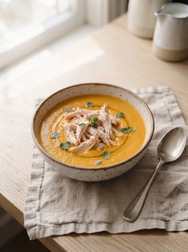 Jantar: Sopa cremosa de abóbora com frango desfiado